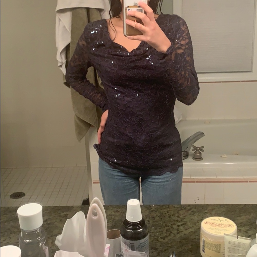 Boston Proper, Lace Sequin Blouse — Navy